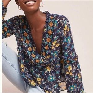 Anthropologie Meadow Rue Strasser Floral Embellished Long Sleeve Blouse